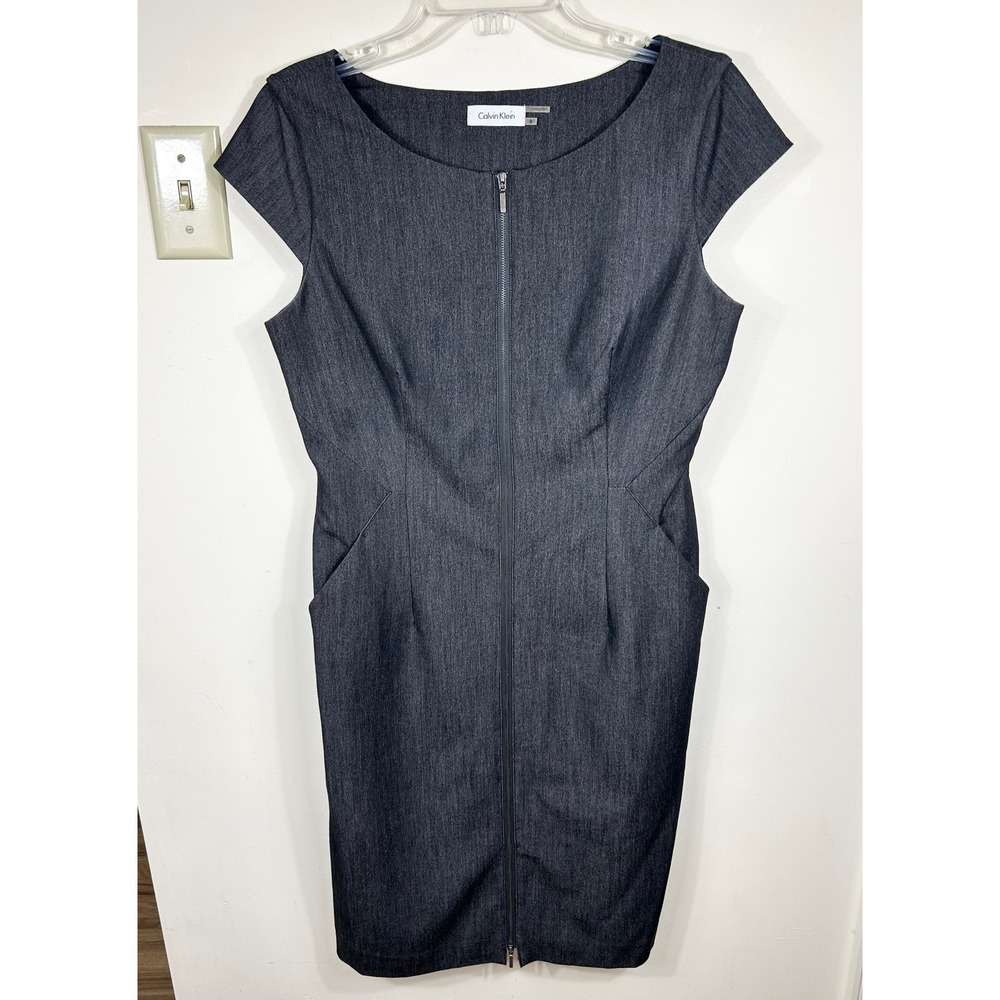 Calvin Klein Moto Sheath Dress Women 8 Gray Two Way Full Zip Professional Office